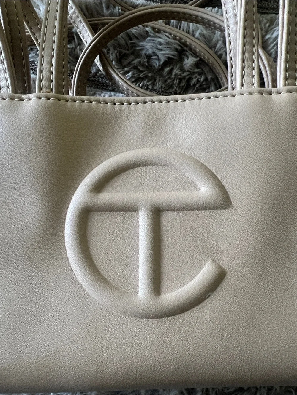 Telfar Small Cream Crossbody Tote with Embossed Logo